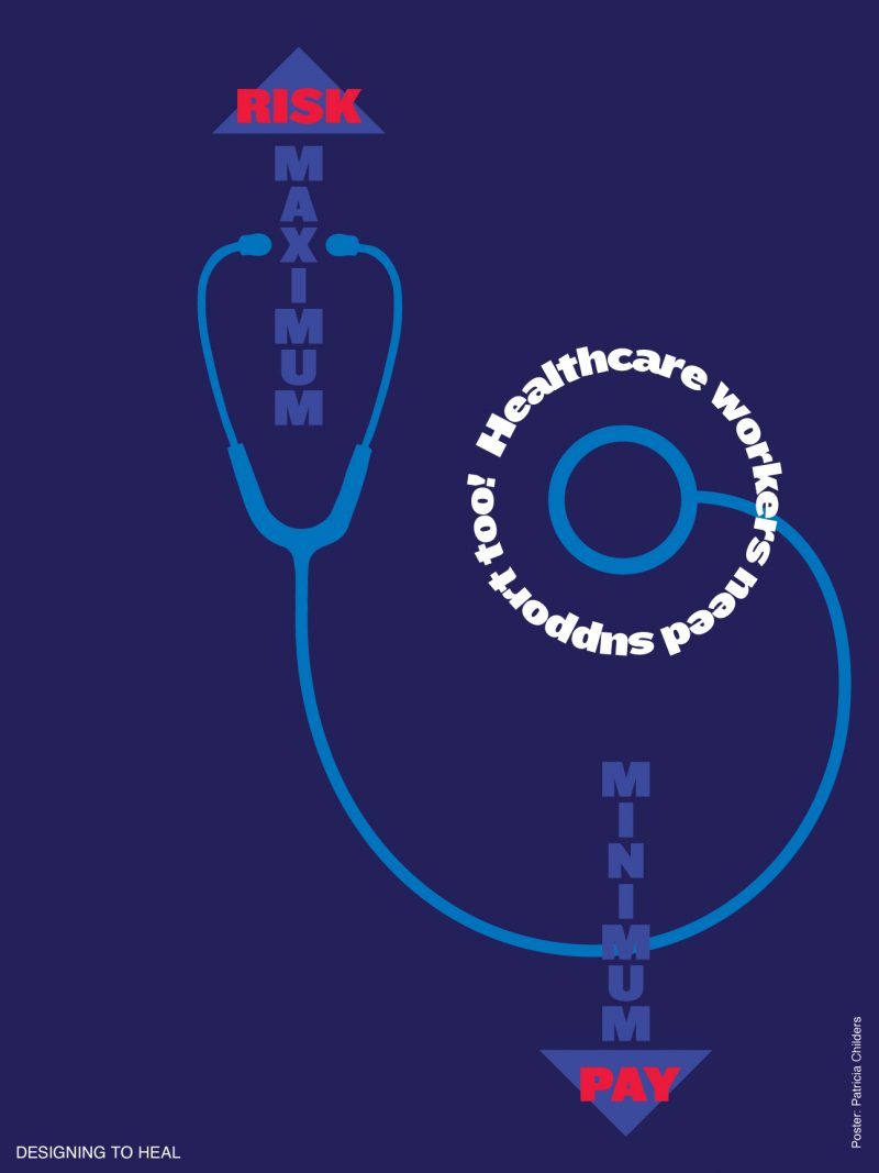 type-based poster of various words framing and circulating a stethoscope