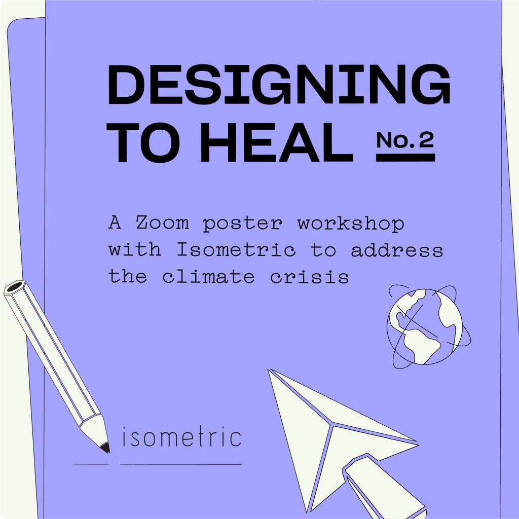 A promotional purple graphic for a Designing to Heal No. 2 poster design workshop with a 3D cursor.