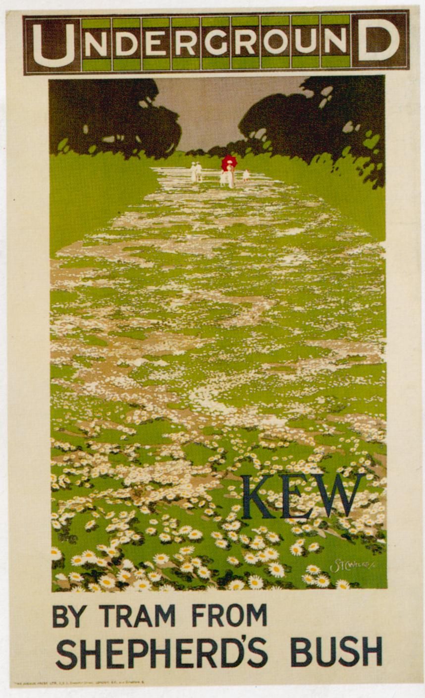 illustrational poster of two people walking a flowered path