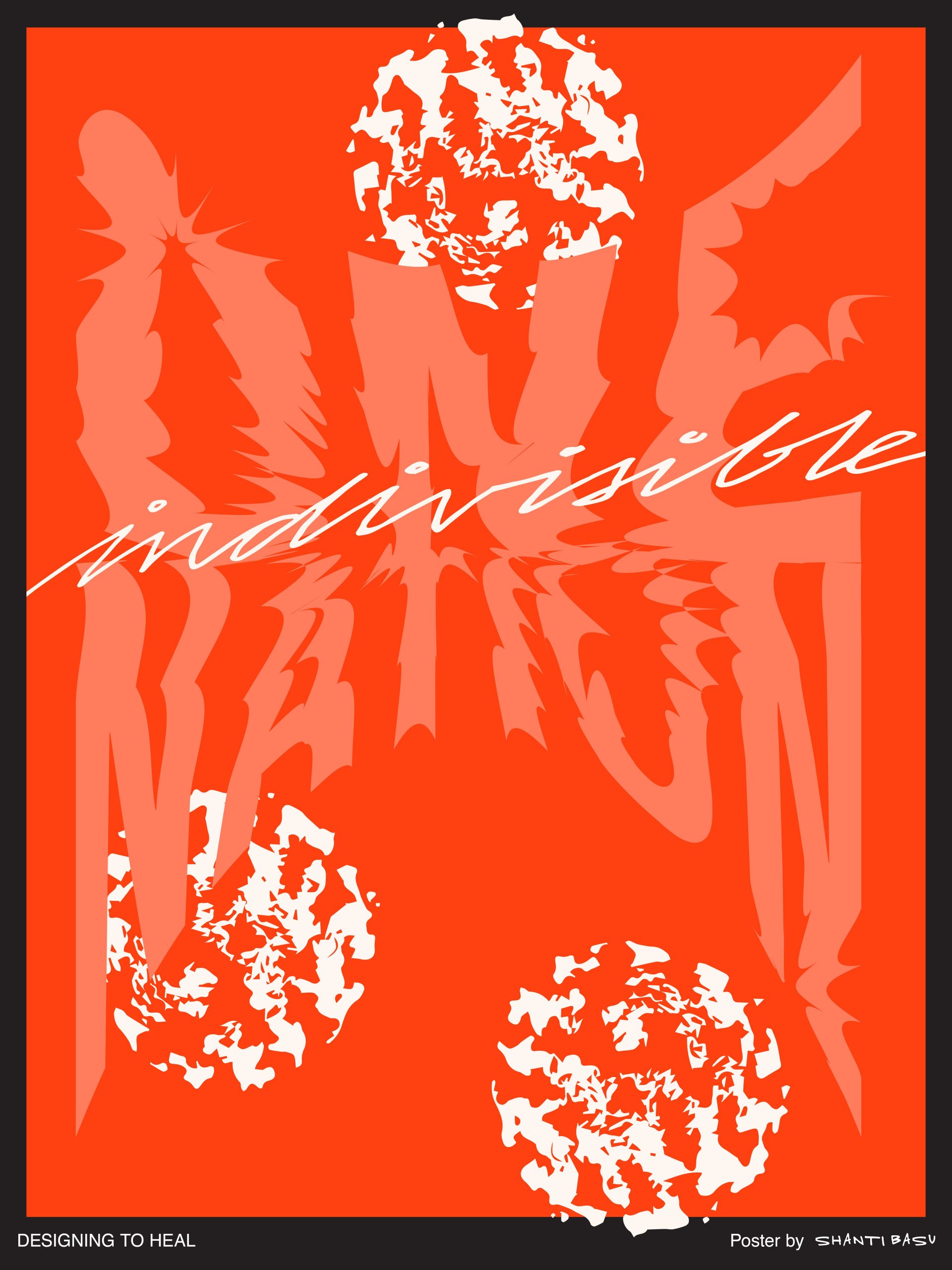 illustrational poster with circular white blotches and the words One Nation Indivisible against a red background