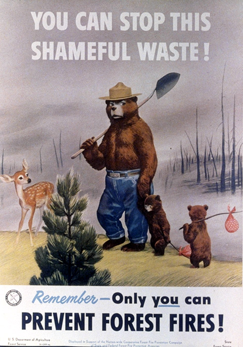 illustrational poster of a bear carrying a shovel over his shoulder as he walks with his cubs