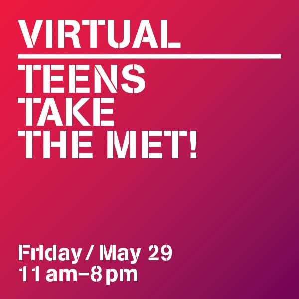 Type-based promotional graphic for an event: Teens Take The MET. White type on a gradient red background.