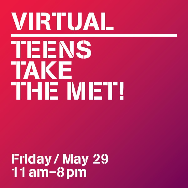 Type-based promotional graphic for an event: Teens Take The MET. White type on a gradient red background.