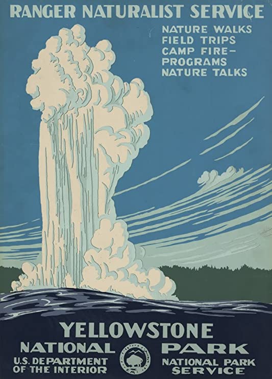 illustrational poster for Yellowstone National Park of a lake and water bursting into the air