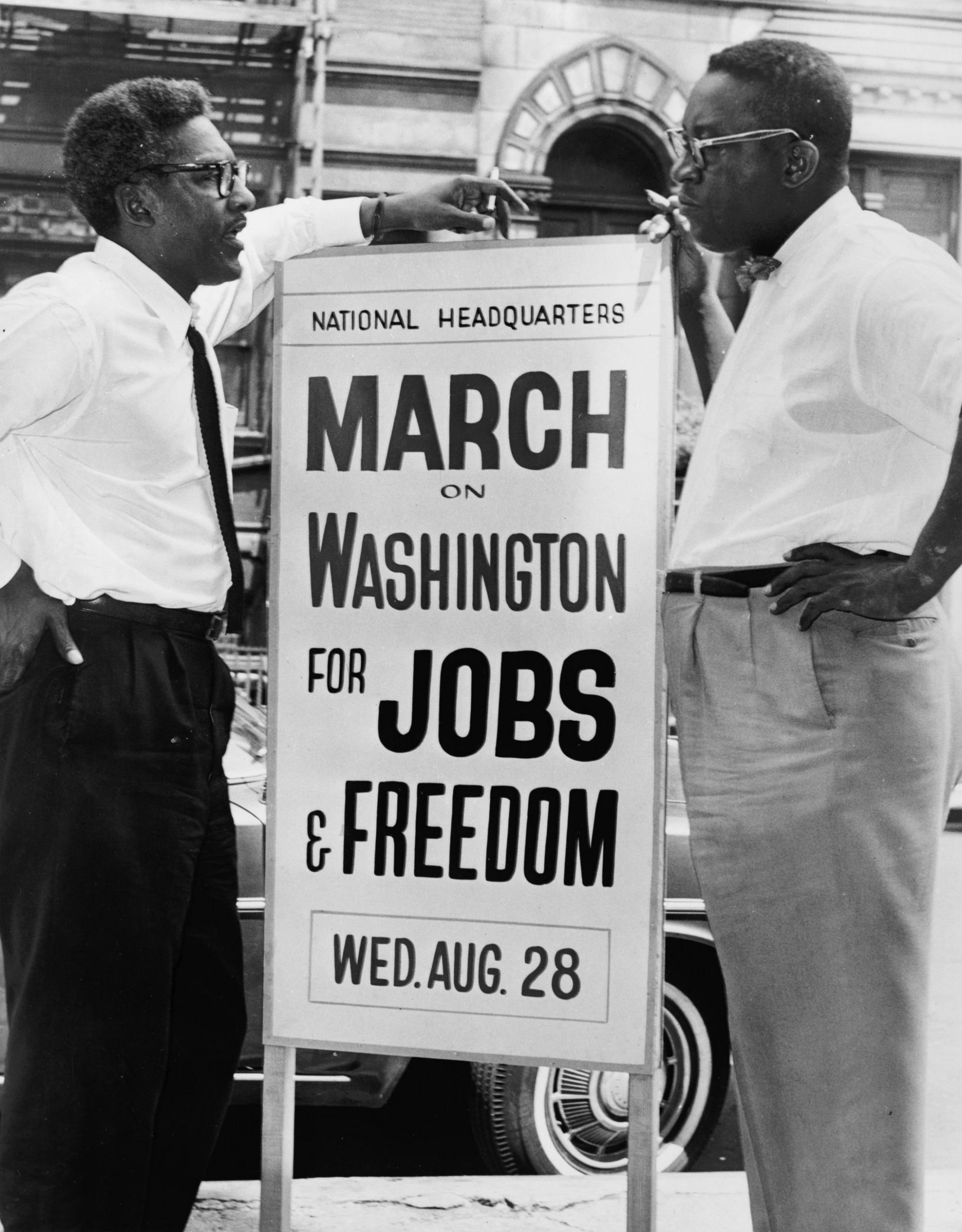 In front of 170 W. 130th Street, March on Washington, l to r, Bayard Rustin, Deputy Director, and Cleveland Robinson, Chairman of Administrative Committee. Photo credit: O. Fernandez/World Telegram & Sun