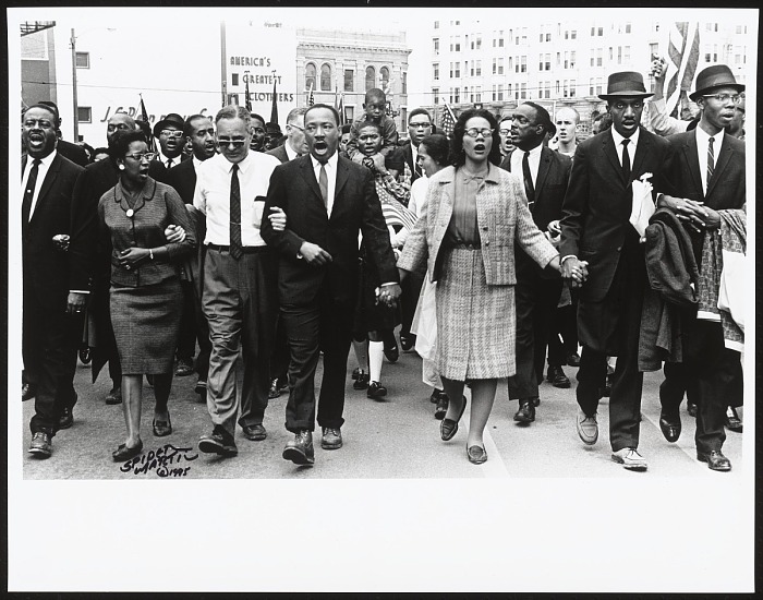 Martin Luther King Jr. and Coretta Scott King walk with other demonstrators as the march finally enters Montgomery. Photo credit: Spider Martin/Collection of the Smithsonian National Museum of African American History and Culture © 1965 