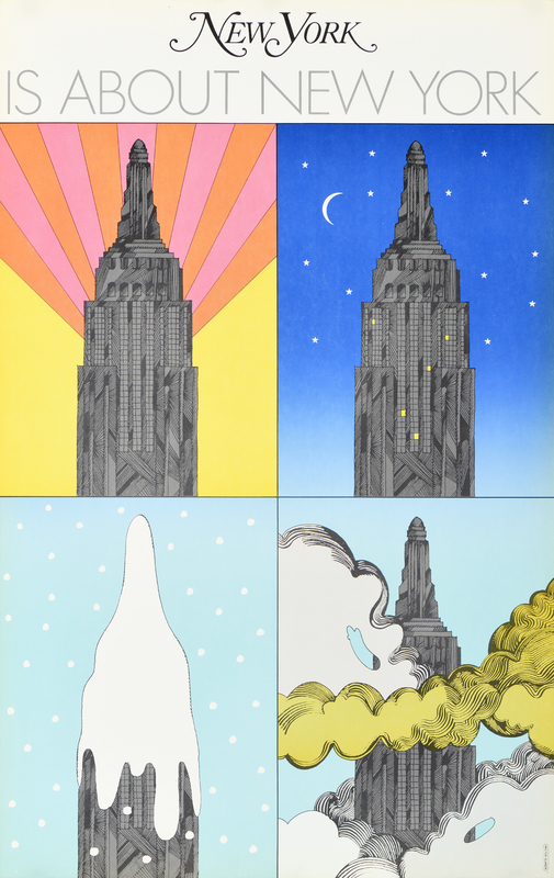 four illustrations of the empire state building in different seasons