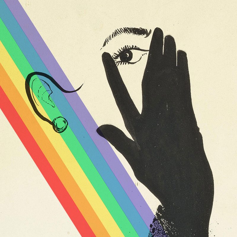 A graphic of a single eye peering through the fingers of a black glove juxtaposed with a rainbow stripe.