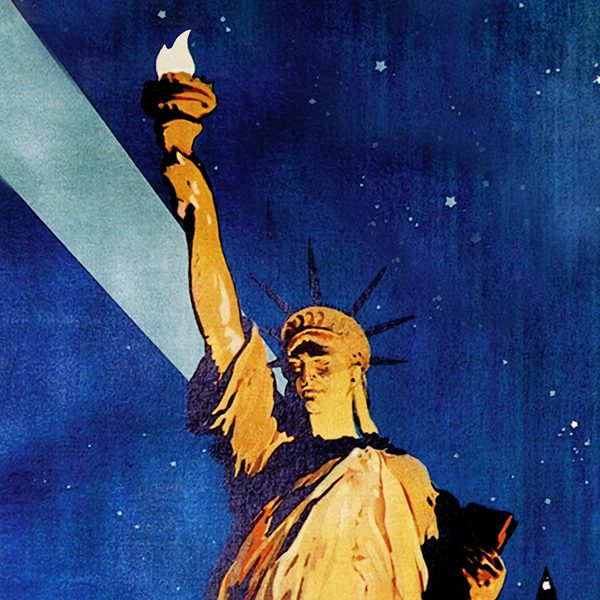 A cropped lithographic poster of the statue of liberty at nighttime.