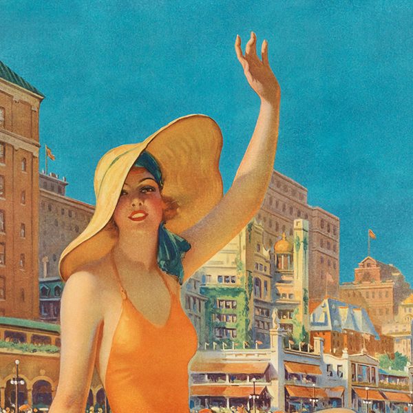 A cropped lithographic poster of a woman in a bathing suit and hat waving at you.