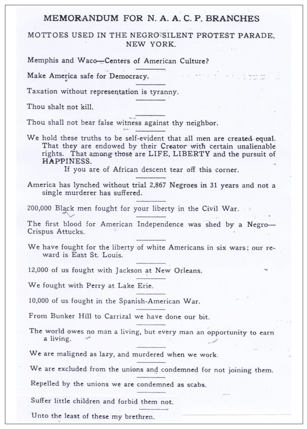 NAACP Silent Protest Parade, memo, July 1917; Part 1