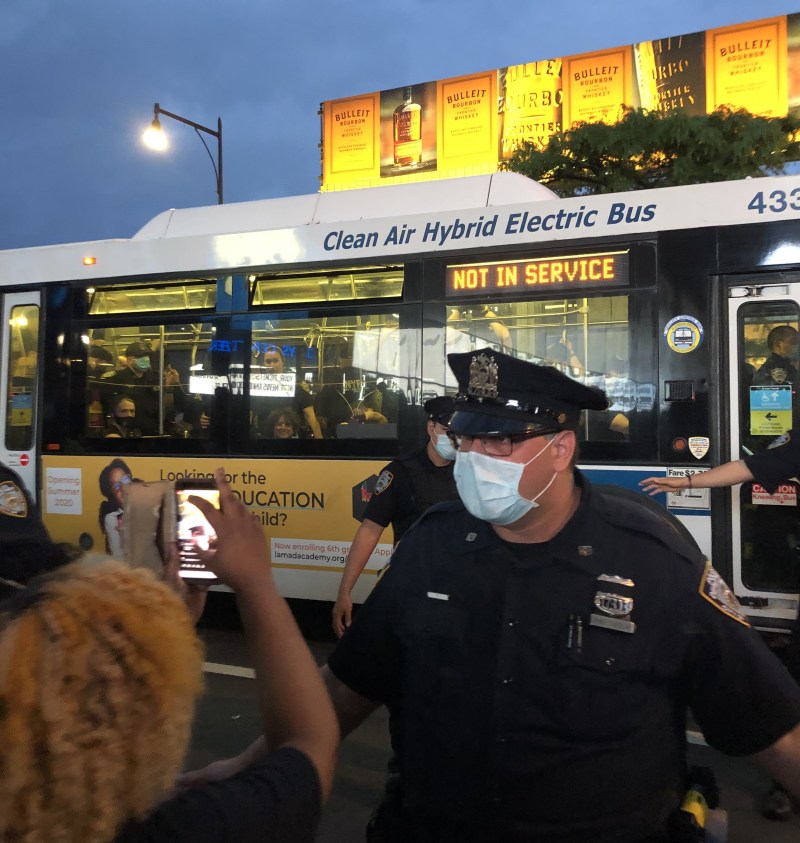 The scene outside the Barclays Center when an MTA bus driver refused to drive arrested protesters on behalf of the NYPD. Photo credit: Jane Kuntzman