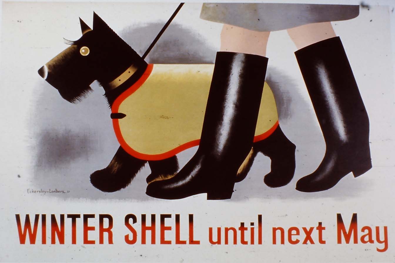 lithographic poster of a dog in a coat