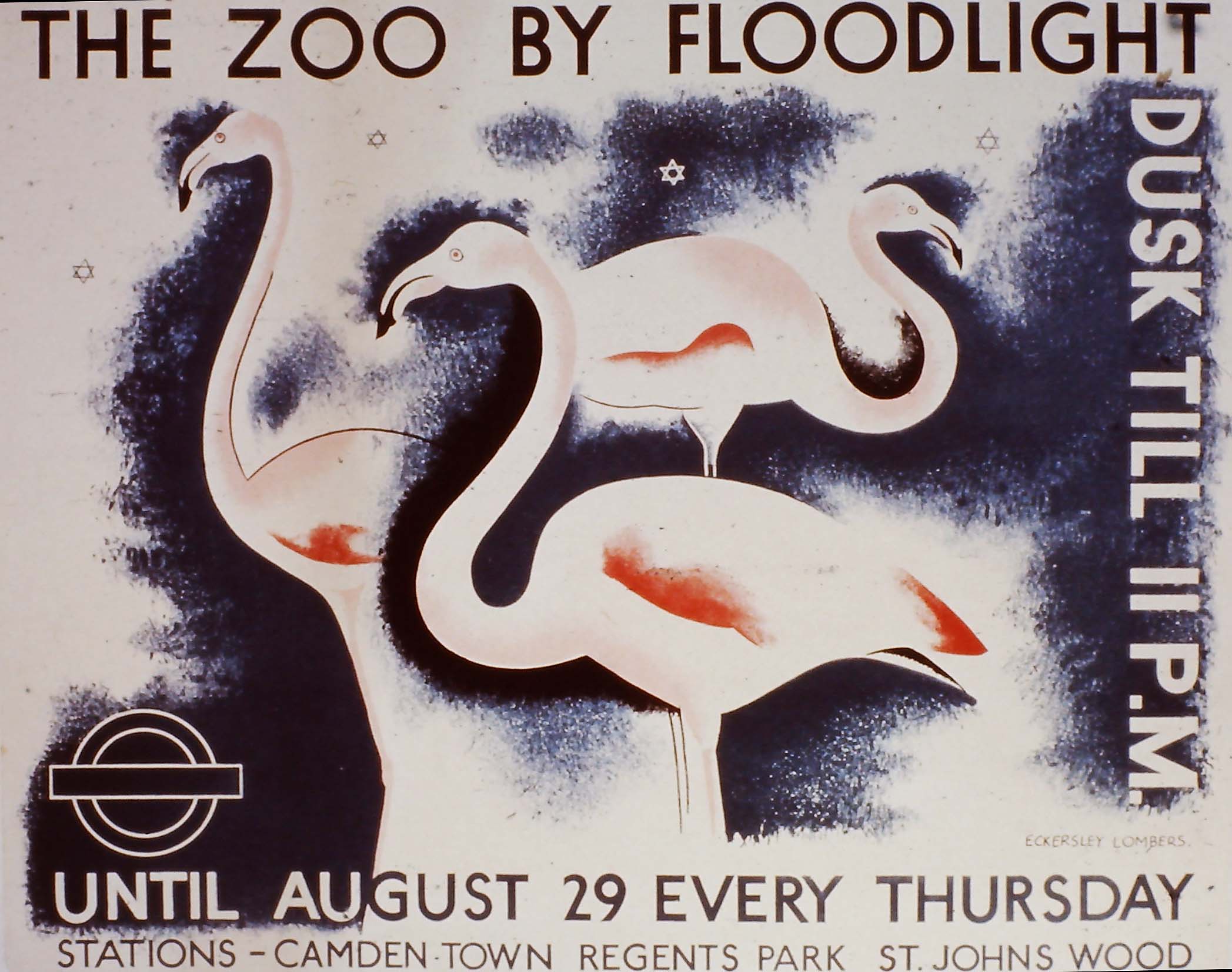 lithographic poster of flamingos