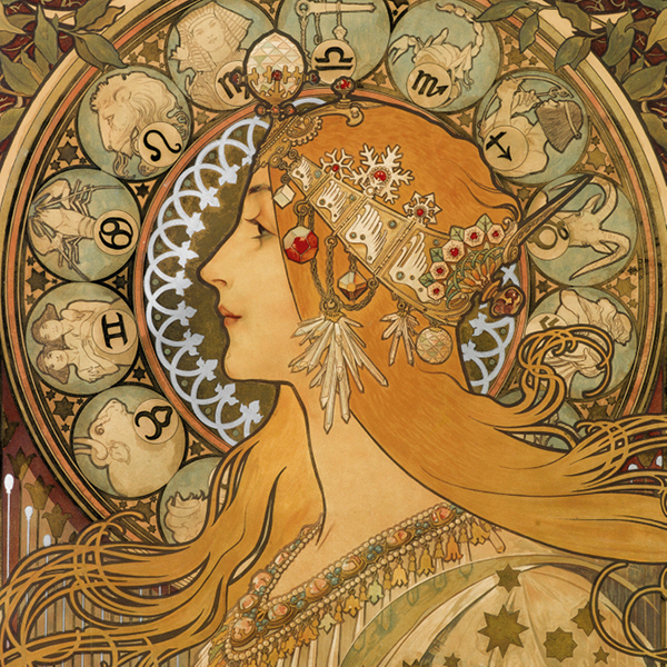 A cropped lithographic poster of a woman in profile with flowing hair in a circular zodiac calendar.