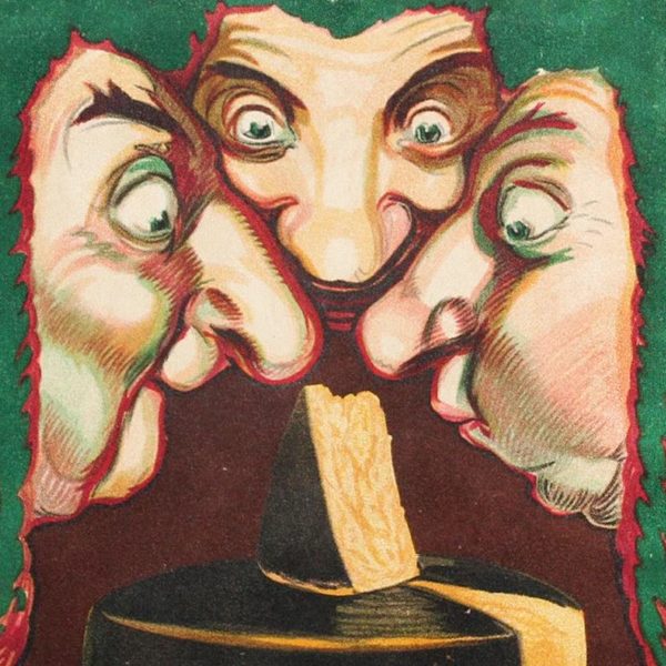 A cropped poster featuring three judges smelling a cheese wedge.