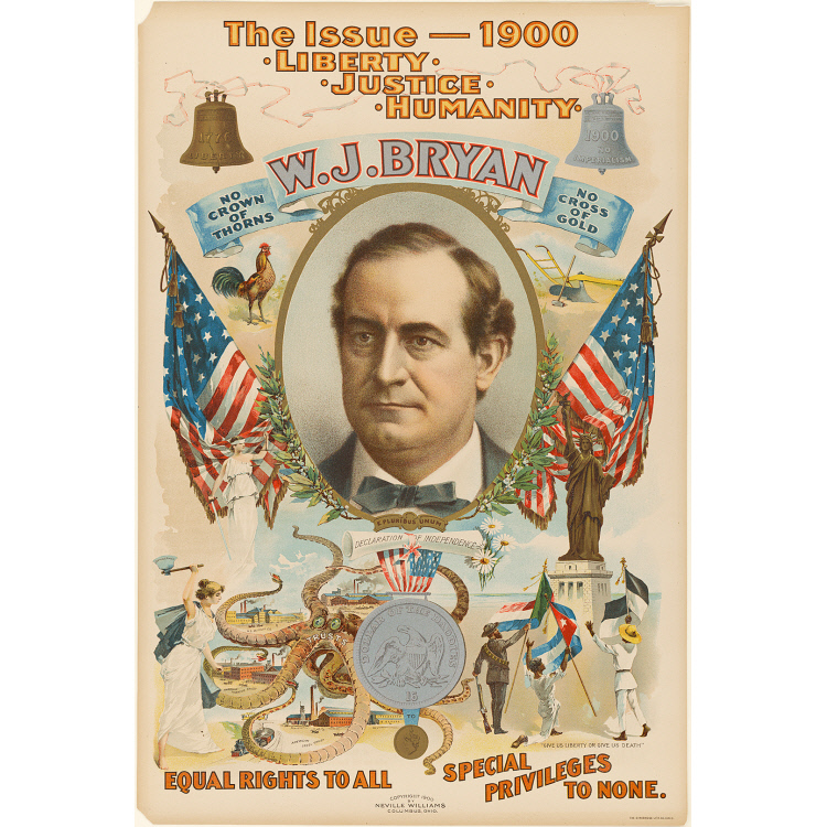 lithographic poster featuring a white man's head in a frame flanked by two american flags. below him various vignettes of goals and an octopus