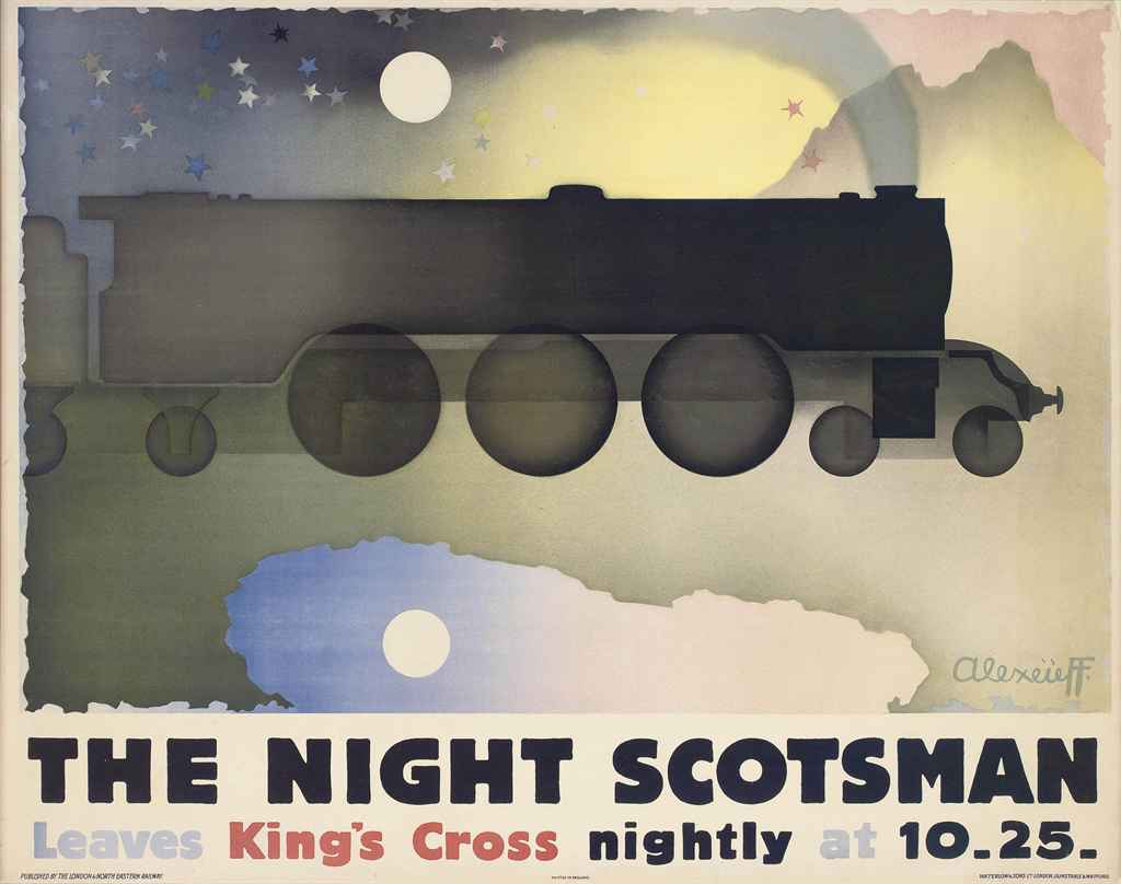 lithographic image of the silhouette of a train flying through the night sky surrounded by clouds. The night scotsman is written below