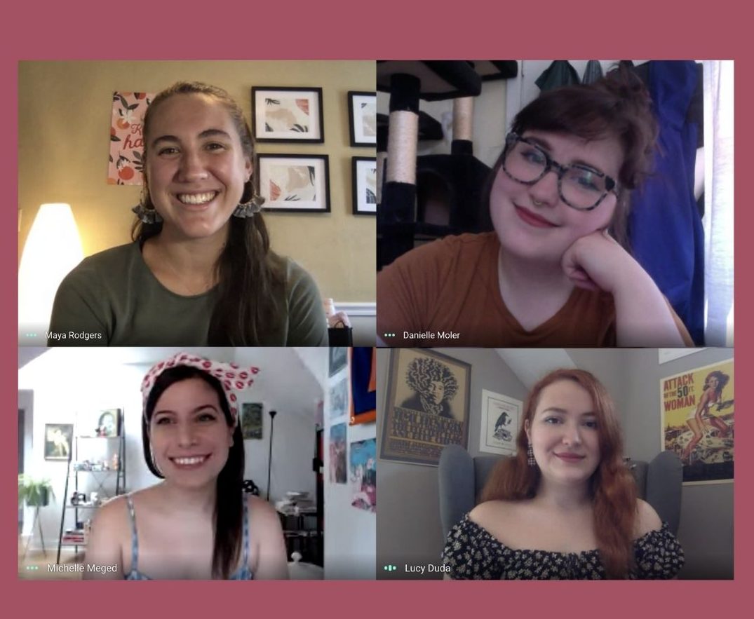 A montage photo of four interns smiling on Zoom, on a mauve background.