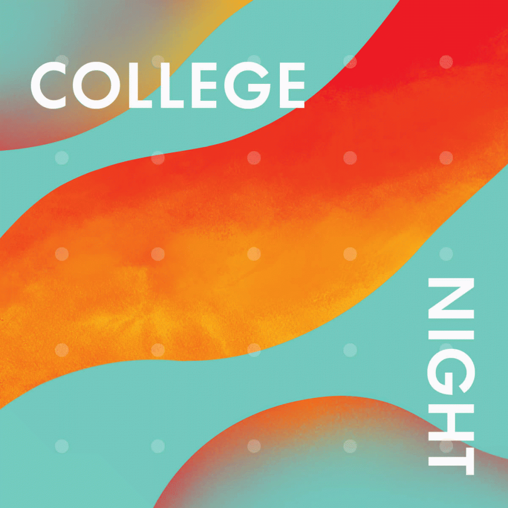 A motion graphic in teal and orange waves announcing college night in white text.