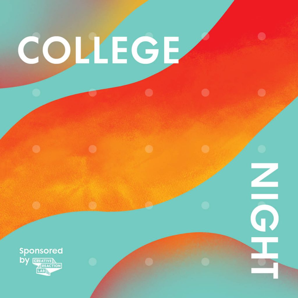 teal and orange waves announcing college night in white text