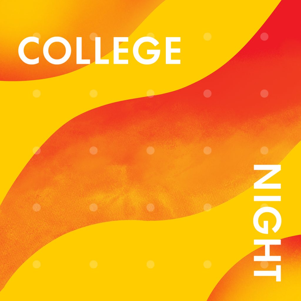An advertisement with yellow and orange gradient waves promoting College Night.
