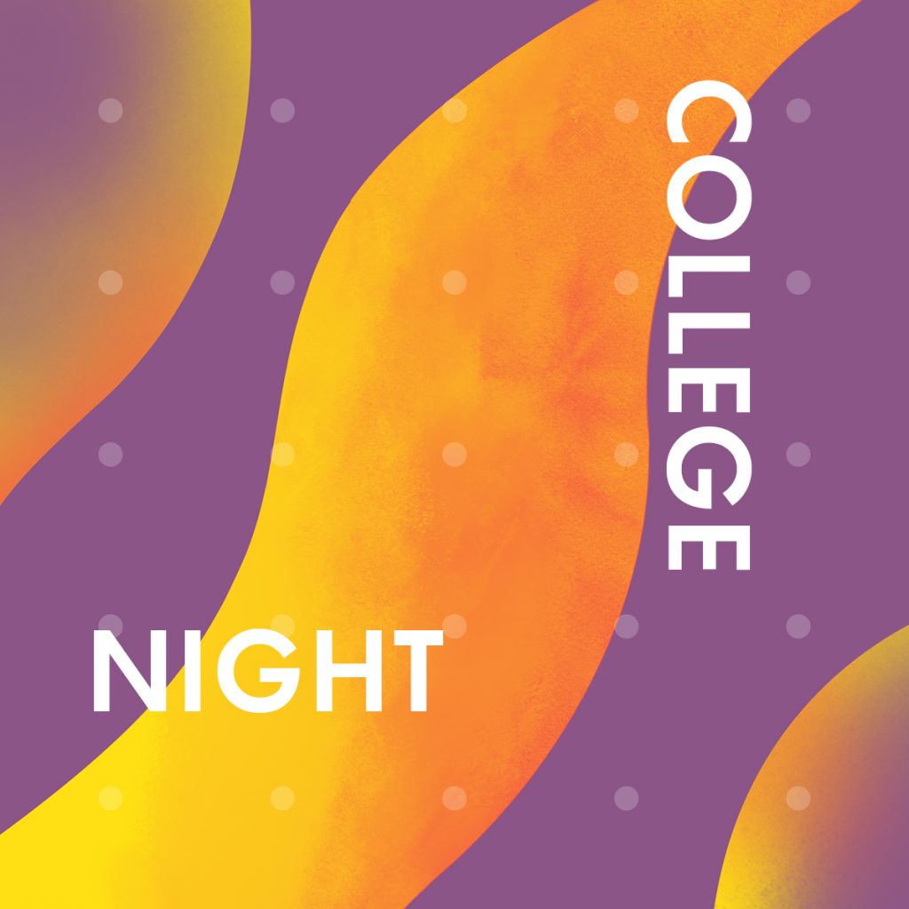 An advertisement with purple and orange gradient waves promoting College Night.