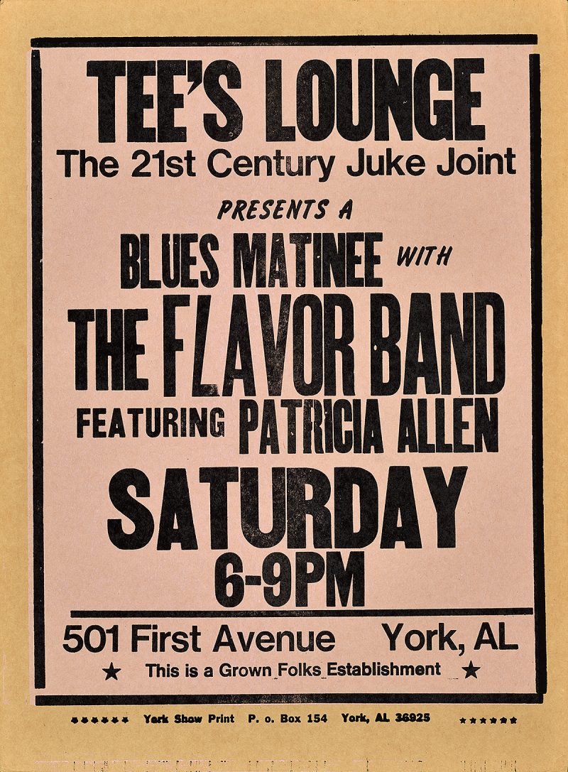 pink letterpress poster with black text announcing a lineup at Tee's Lounge