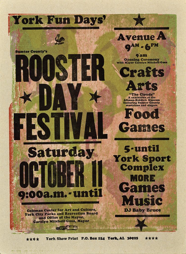 A letterpress poster announcing the rooster day festival. Text is black over a pink and green rooster printed background.