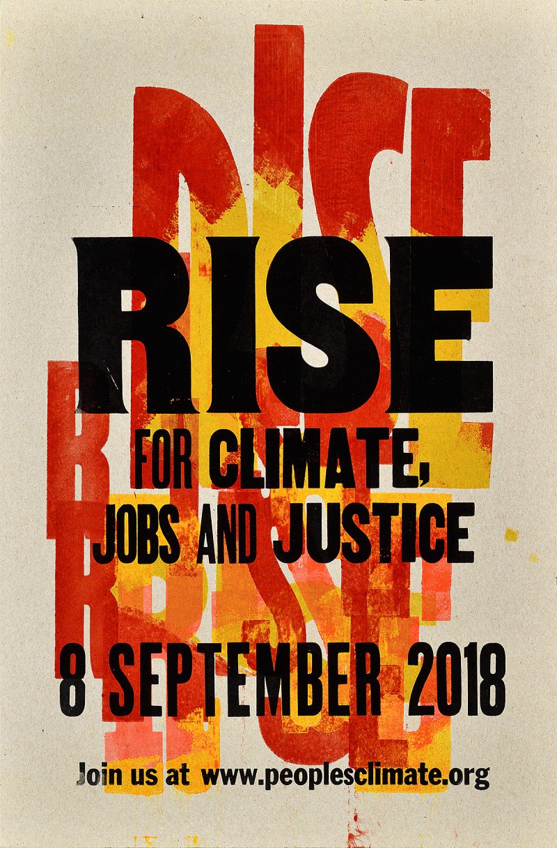 letterpress poster of the word Rise in black ink over a repeated pattern of the word Rise in reds and yellows