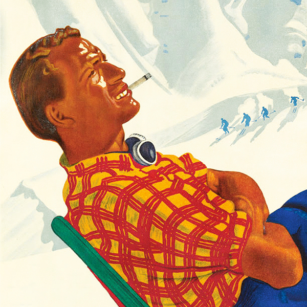 lithographic poster of a man in a red plaid shirt reclining in a chair, smoking and drinking coffee against snow capped mountains