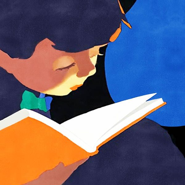 A cropped poster of a child reading a book lit by a large, blue moonlight.
