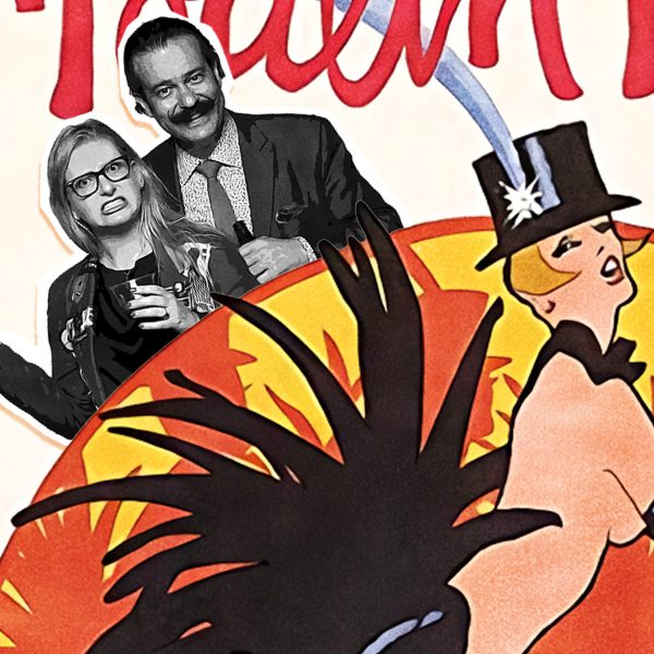 An image of Lippert and Lowery digitally collaged onto a poster featuring a showgirl.