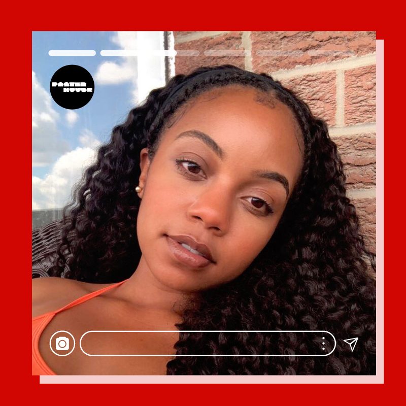 A headshot of a female artist with black curly hair and instagram template objects in a red frame.