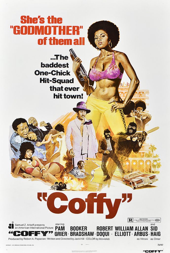 A photo offset poster of a woman in a pink bra and yellow pants holding a large gun. Below her are vignettes of action and sexy scenes in the movie.