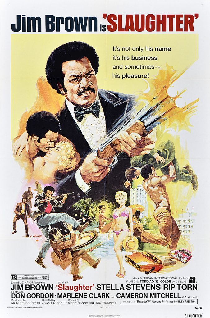 A photo offset poster of a man in a tuxedo firing a double barrel gun. Below him, vignettes of sexy women and fights fill the page.