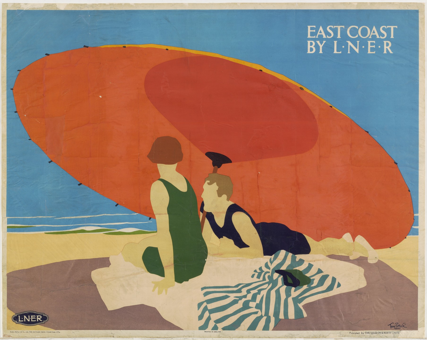 lithographic image of a large red beach umbrella underneath which two people curl up in the shade