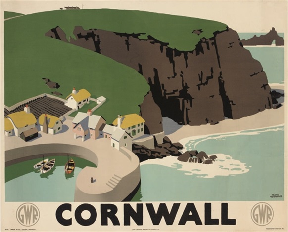 lithographic image from a high vantage point of a cliffside beach town labeled Cornwall