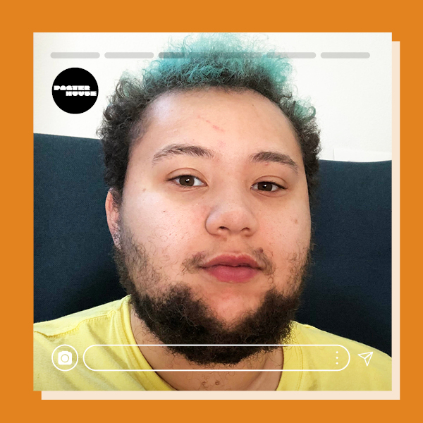 Headshot of the artist with an orange frame and faux instagram tools