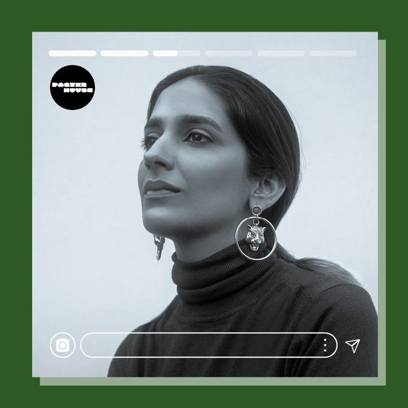 A headshot of an artist wearing a black turtleneck and tiger hoop earrings with Instagram-style accents.