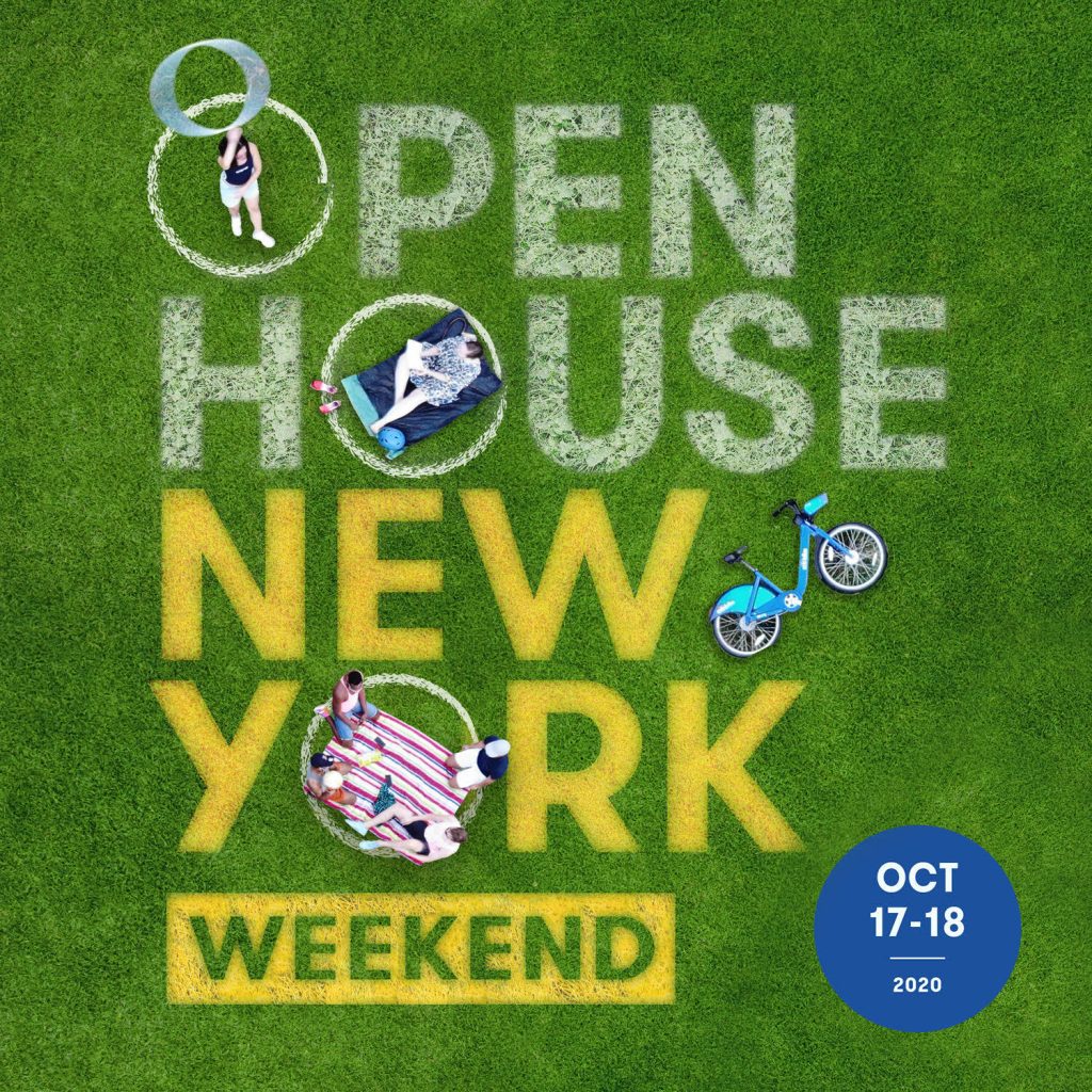 An ad promoting Open House New York featuring a green graphic of a putting turf with people engaging in play.