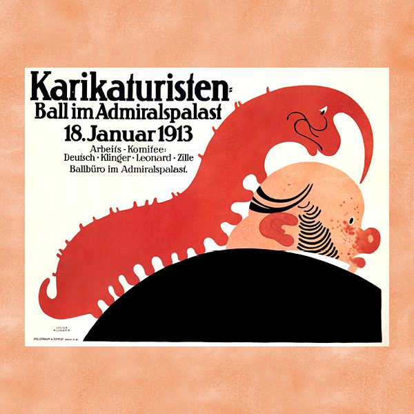 A poster featuring a profile of a bald, heavy set man with a giant red caterpillar with human features crawling onto his head.