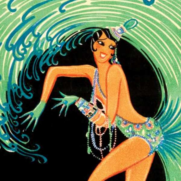 A cropped image of an illustrated poster featuring a Black showgirl in a green showgirl-style dress.