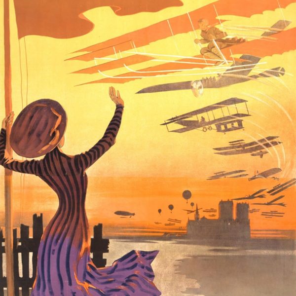 A lithographic poster of a woman in a long dress waving at various early aircrafts in the sunset.