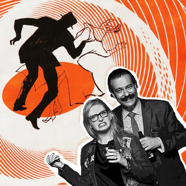 A man and woman partying fashionably in black and white superimposed onto a poster of a couple in black and white spiraling down a red hole.