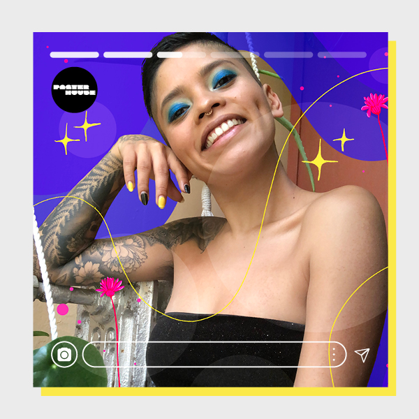 an image of the artist wearing a sleeveless top. flamboyant makeup. faux instagram mark ups.