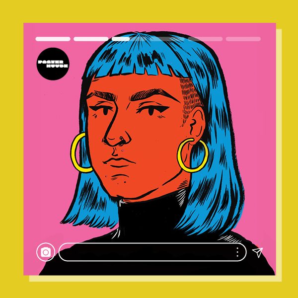 A self portrait of the artist, hair blue, big gold earrings and face in red with a black turtleneck. pink background. yellow frame and faux insta markers around.