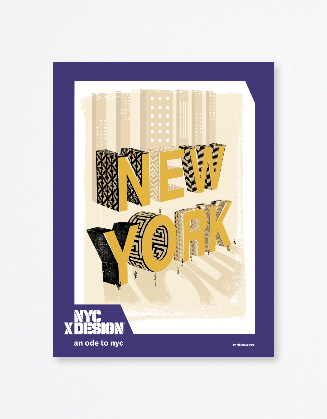 A poster showing the big 3D text, NEW YORK as if they are buildings. There are very small people around the texts.