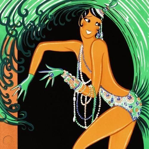 lithographic detail of a tan woman dancing in a showgirl ensemble