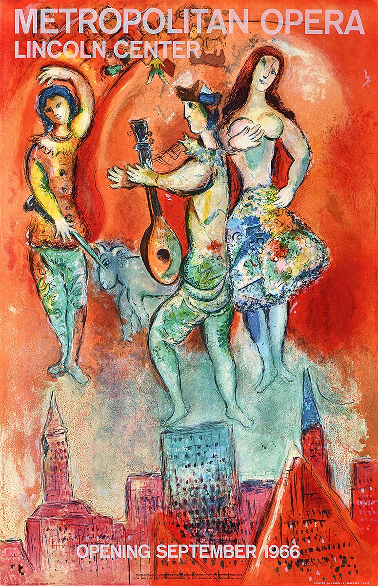 photo offset poster of a chagall painting. The background is swirling reds with three figures floating over a city skyline
